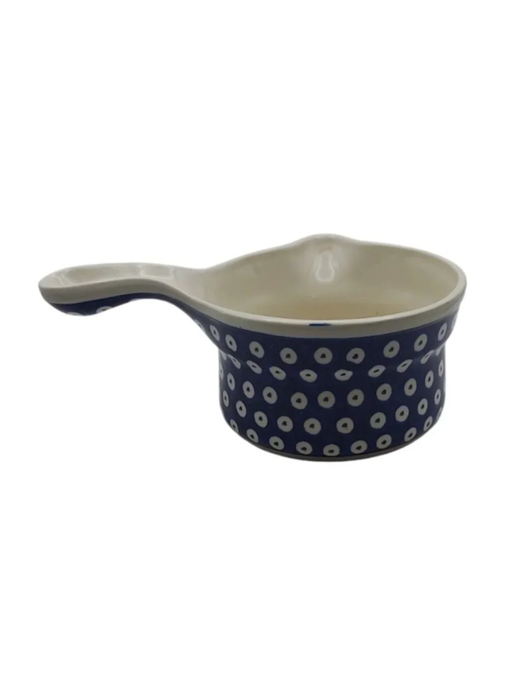 Handmade Bolesławiec Polish Pottery Blue & White Polka Dot Sauce Dish w/ Handle